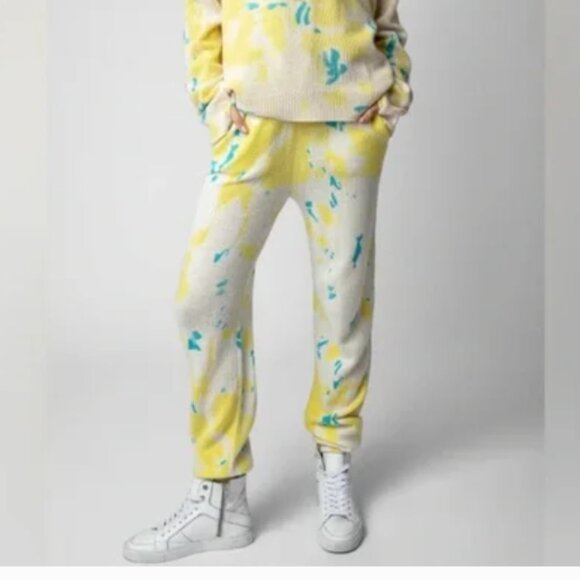 NWT Zadig & Voltaire Tie Dye Steevy Cashmere Pants Joggers Yellow Blue Medium - Picture 1 of 16